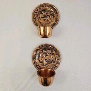 Vintage Copper Hunter Dog Candle Holder Pair Wall Pocket Planter Coppercraft